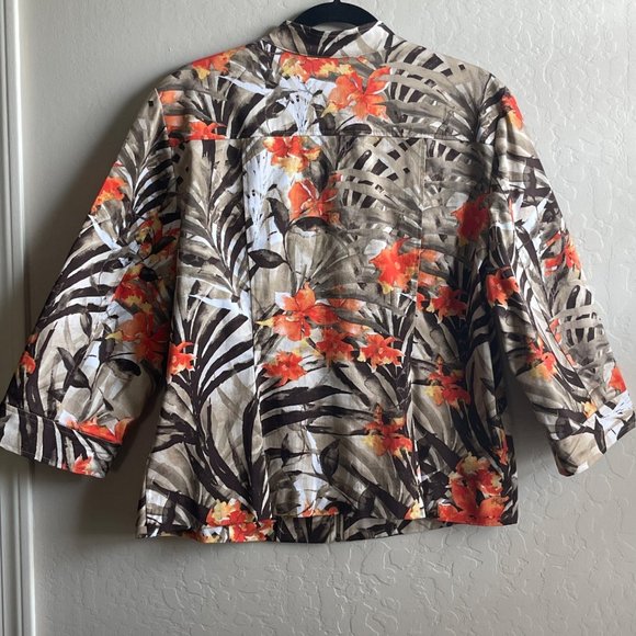 Chico's Size 2 Floral Full Zip Coat Orange Brown Jacket Size Med/12 Pockets - Picture 3 of 6